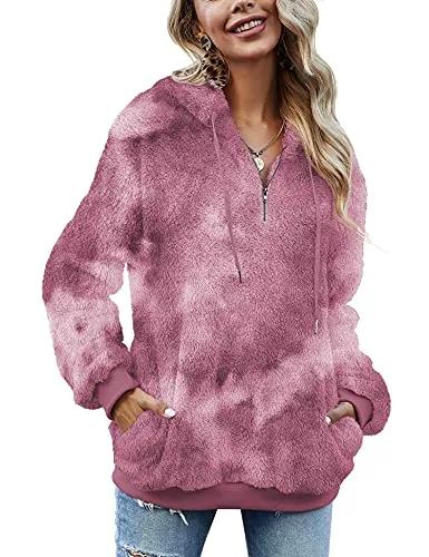 Women Casual Double Fuzzy Sweatshirt Faux Fleece Zip Pullover Hoodies Coat Outwear S-XXL