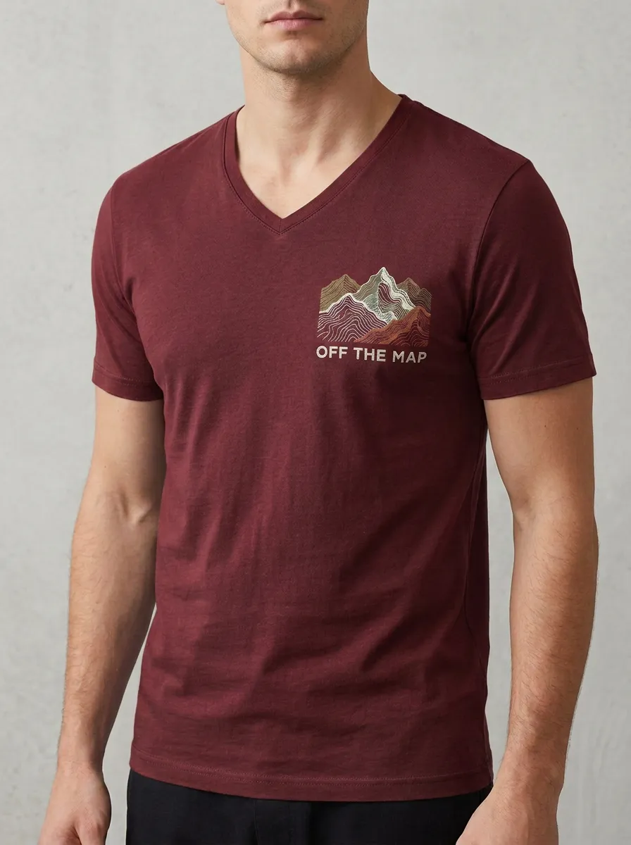 Men's Hiking Lover Off The Map Mountain Printed V-Neck T-Shirt