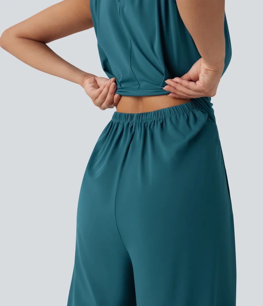 SoftlyZero QuickDry Round Neck Sleeveless Keyhole Pocket Yoga Jumpsuit-Easy Peezy Edition