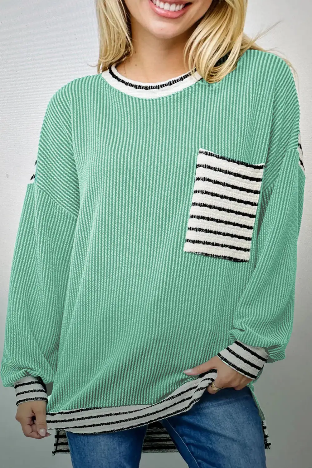 Striped Ribbed Round Neck Women's Top