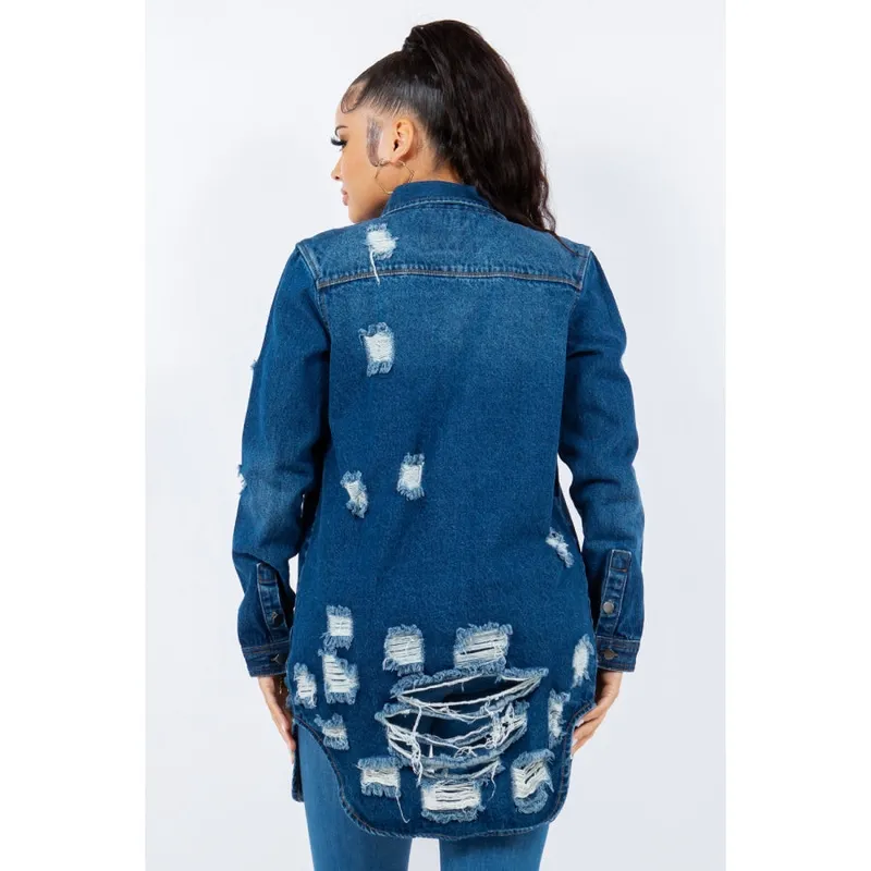 Distressed Button-Up Long-Sleeve Denim Jacket