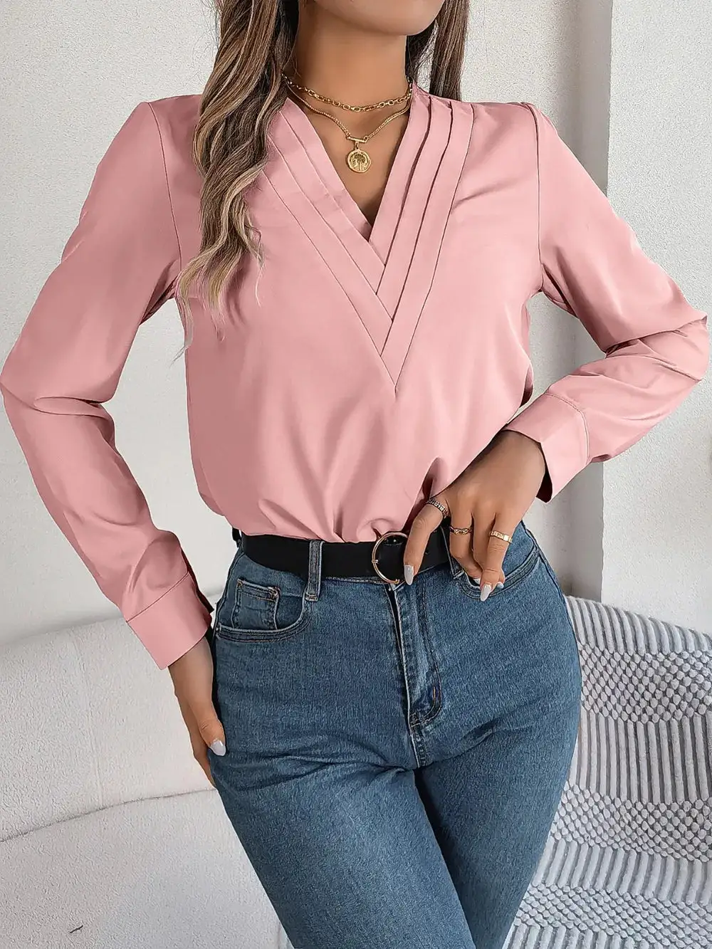 Textured V-Neck Long Sleeve Blouse