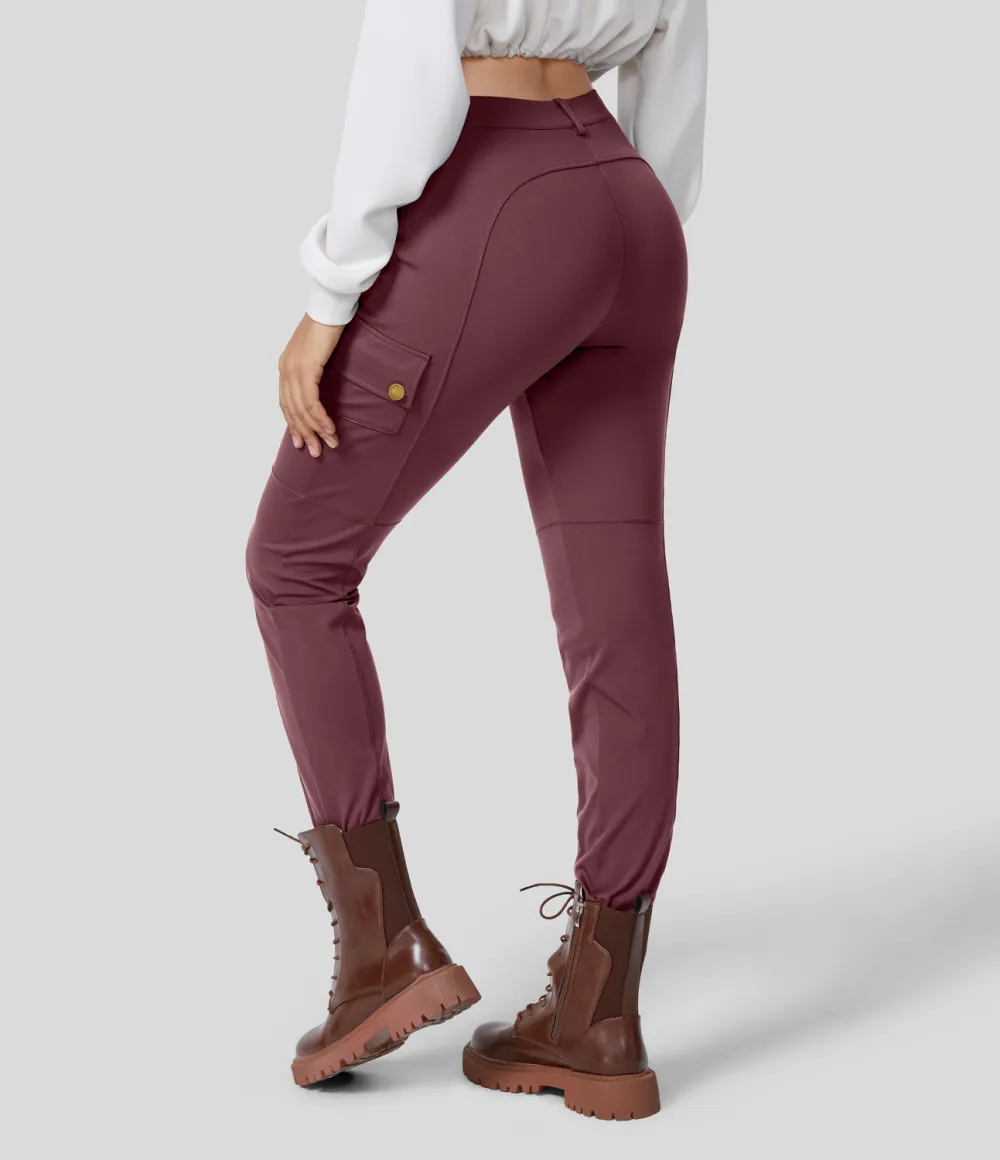 High Waisted Button Zipper Multiple Pockets Solid Skinny Cargo Pants