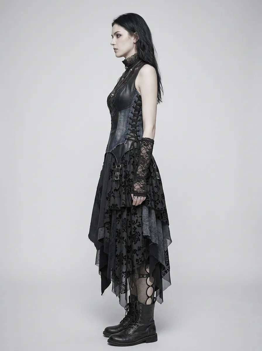 Women's Gothic Skull Motif Lace Trimmed Printed Top