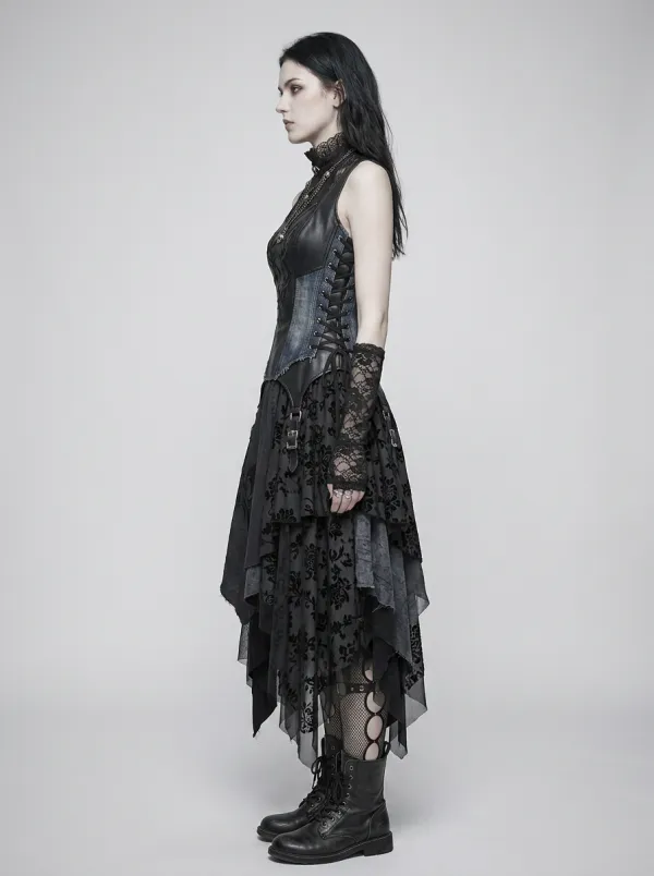 Women's Gothic Skull Motif Lace Trimmed Printed Top