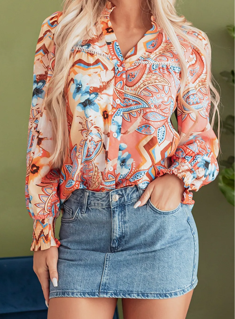 Floral Shirred Relaxed Fit Shirt Blouse