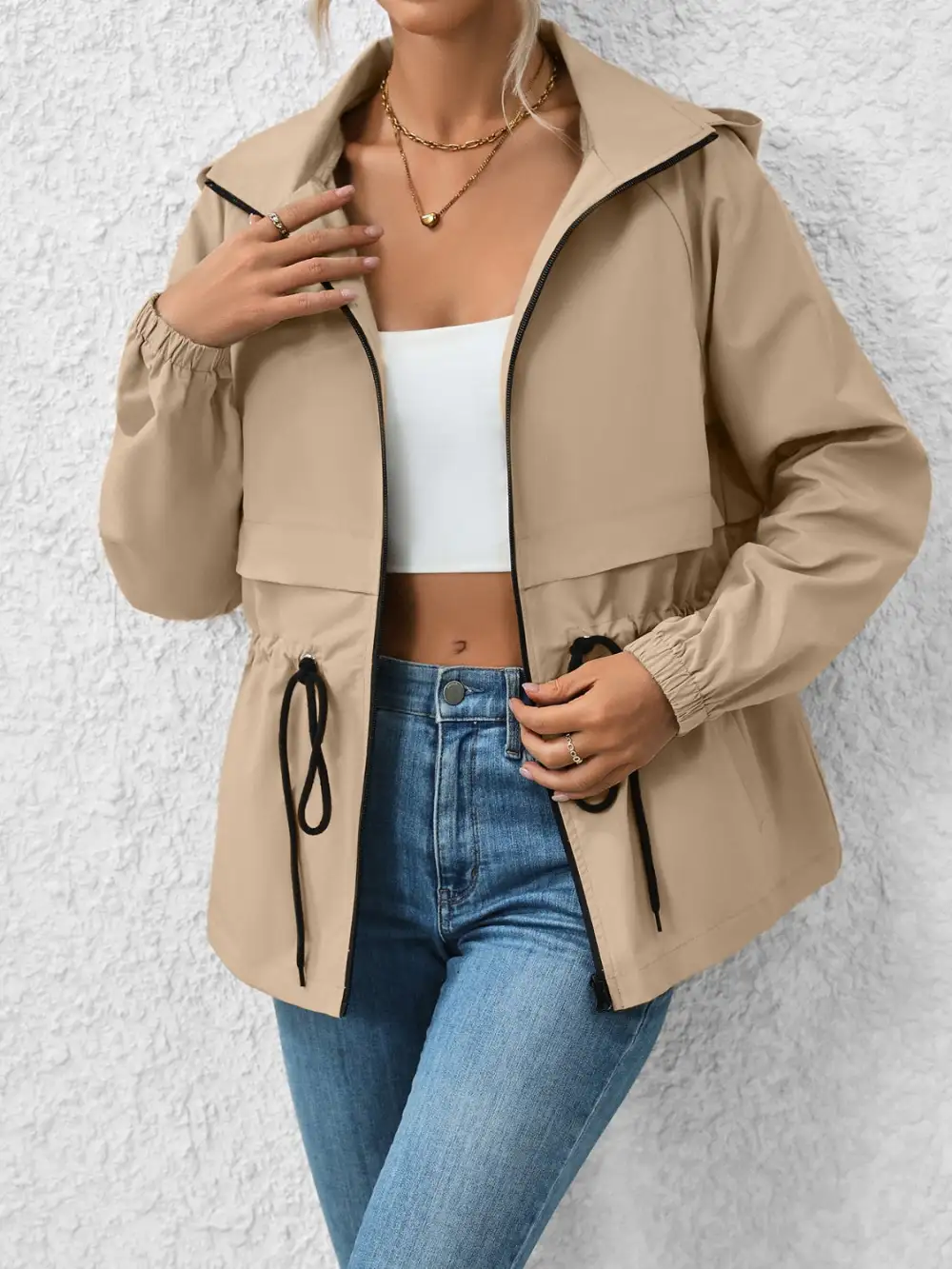 Drawstring Zip-up Hooded Jacket