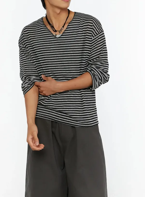 Men's Striped V-Neck Long Sleeve Tee