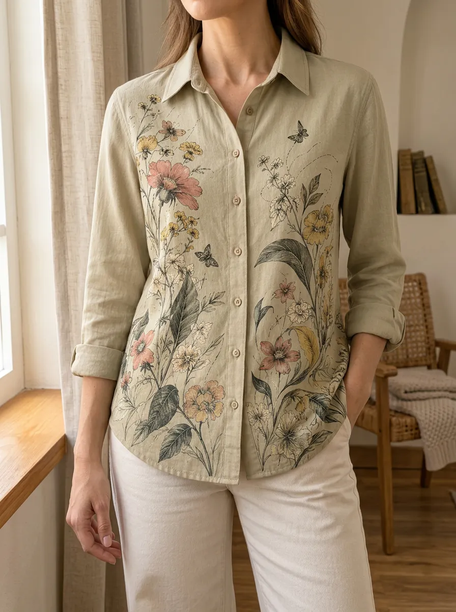 Women's Botanical Floral Butterfly Printed Shirt