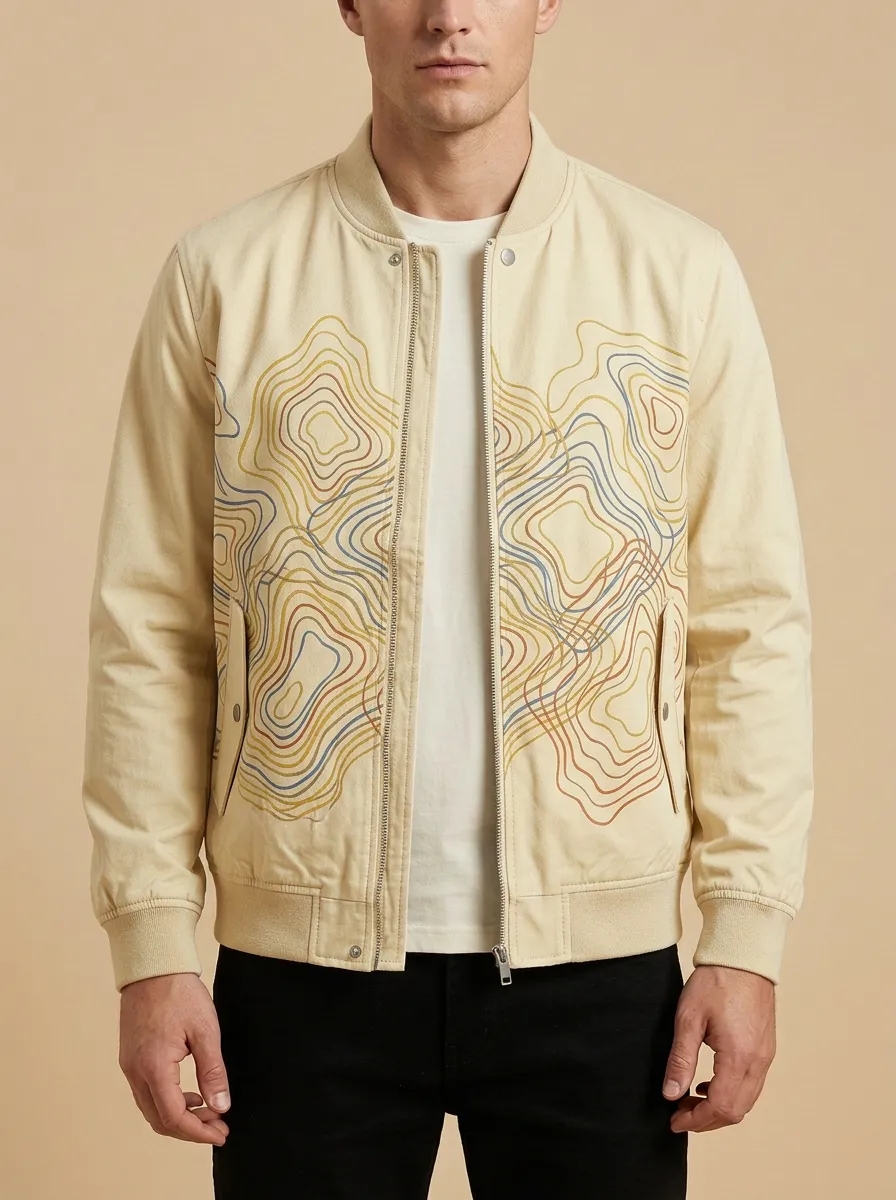 Topographic Print Ribbed Trim Cuffed Sleeves Bomber Jacket