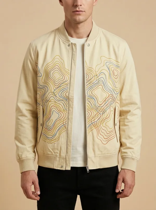 Topographic Print Ribbed Trim Cuffed Sleeves Bomber Jacket