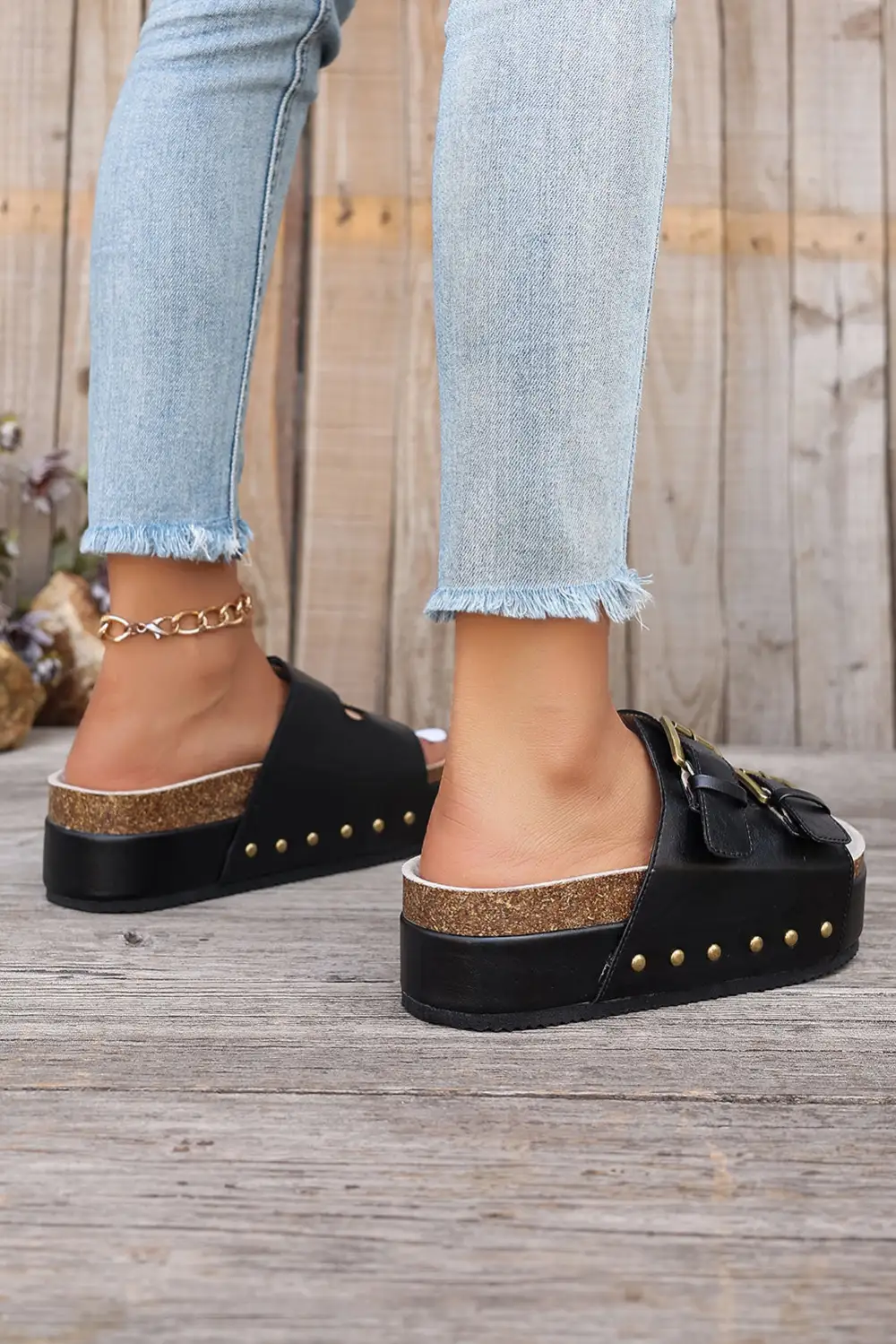 Dual Buckle Studded Platform Sandals Slide Slippers Everyday