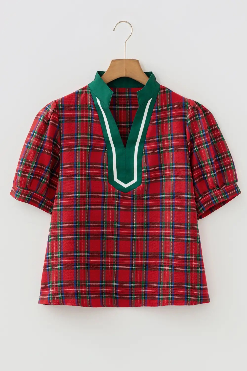 Women's Plaid V Neck Contrast Trim Top