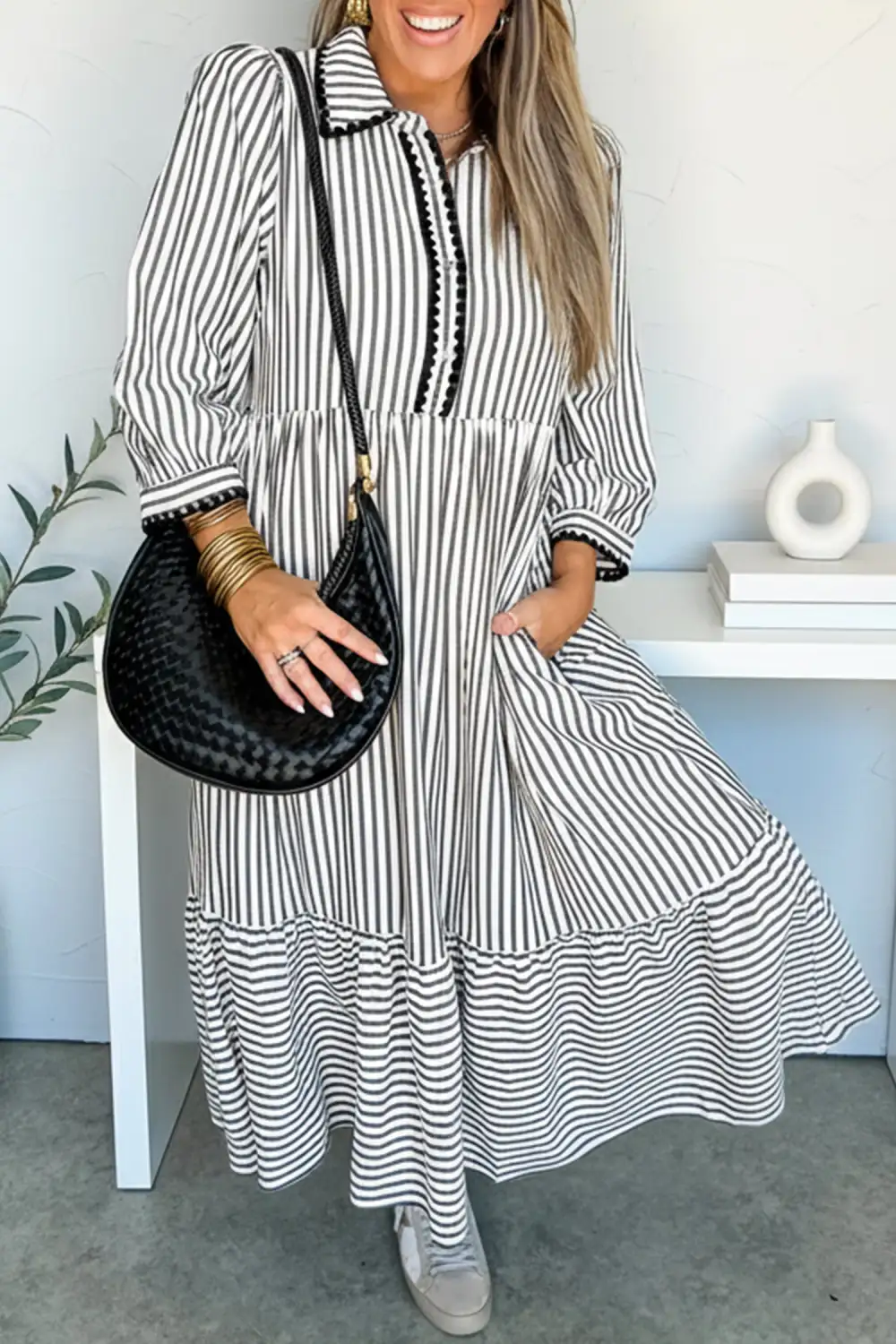 Striped Half Button Dress Casual