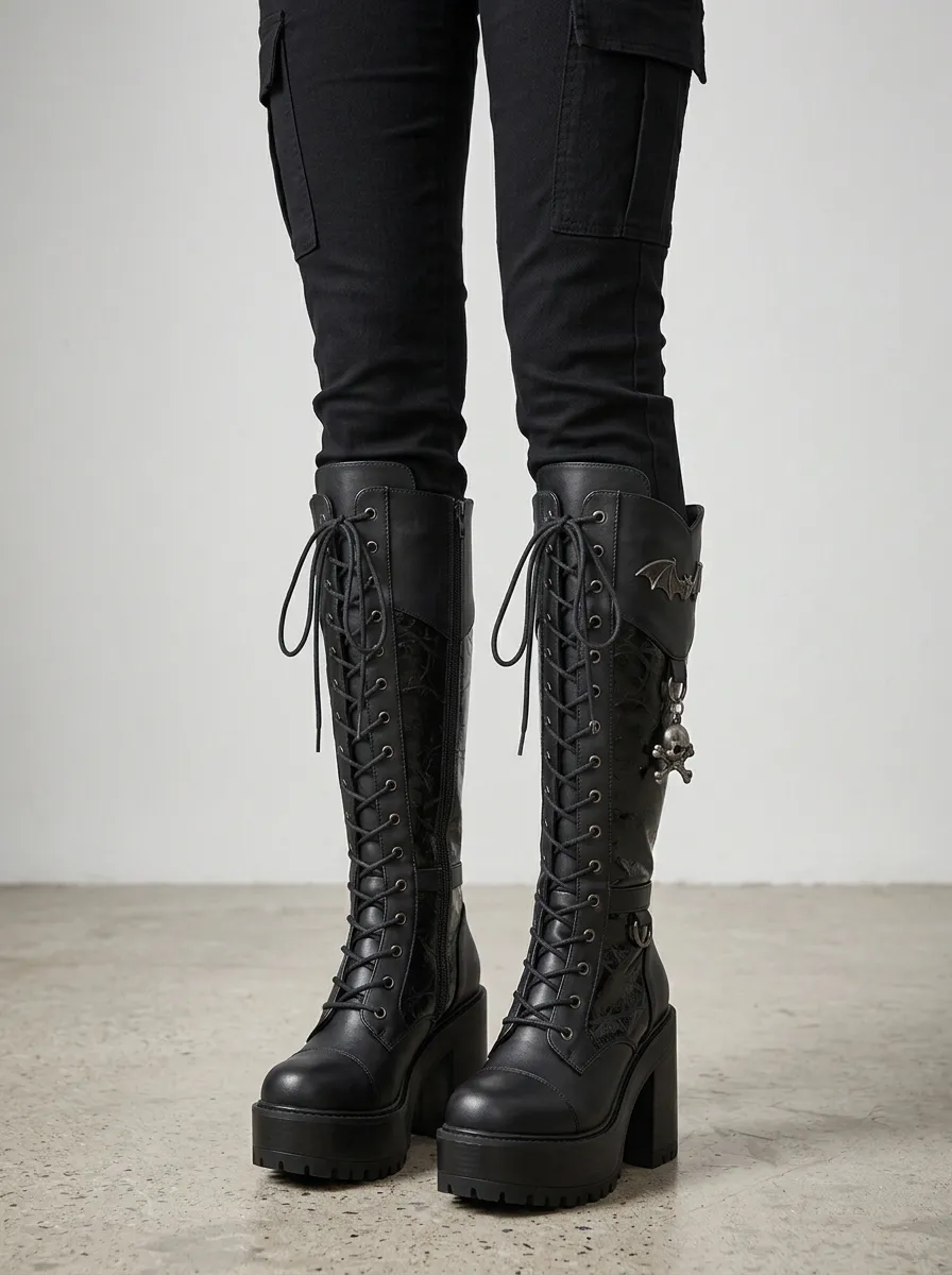 Ritual-Inspired Skull Bat Lace Alternative Look Women's Gothic Platform Boots