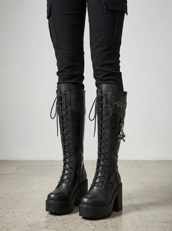 Ritual-Inspired Skull Bat Lace Alternative Look Women's Gothic Platform Boots