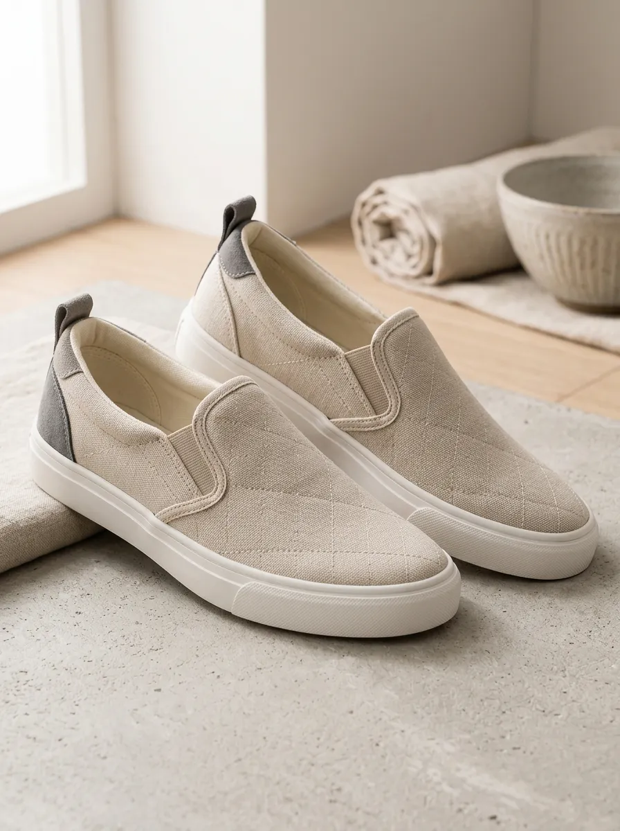 Women's Minimalist Beige Quilted Pattern Printed Slip-on Shoes