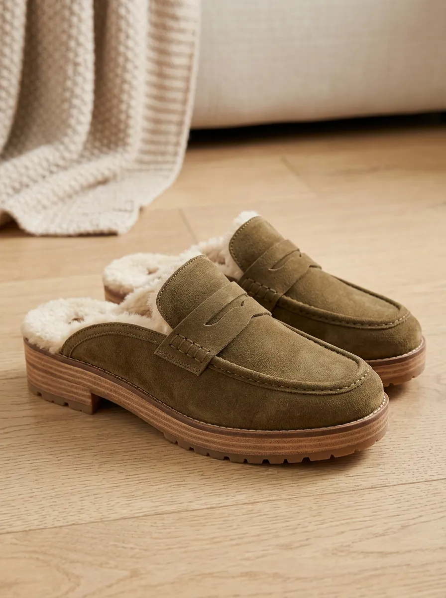 Women's Rugged Faux Fur Lined Platform Clog Style Suede Wood Sole Loafers