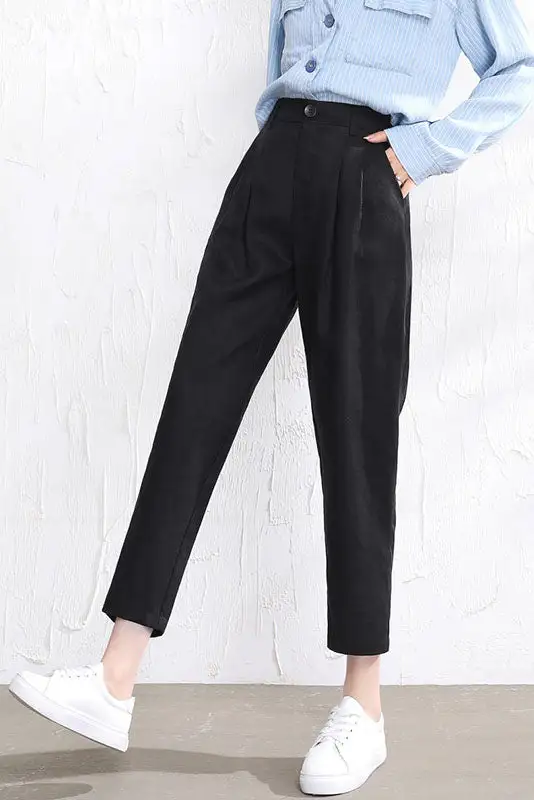 Refined Linen Elastic Waist Pleated Trousers