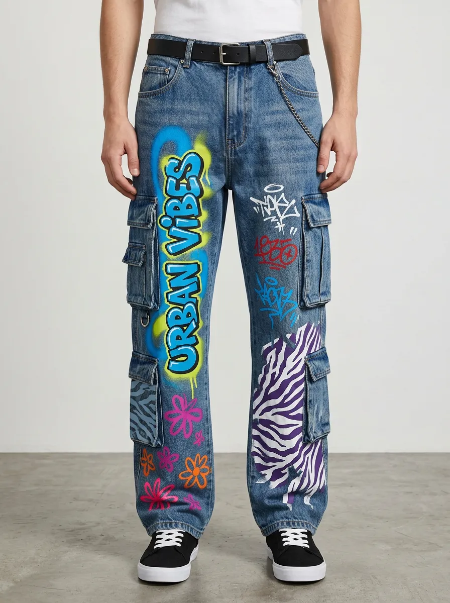 Men's Streetwear Urban Vibes Graffiti Zebra Graphic Cargo Jeans