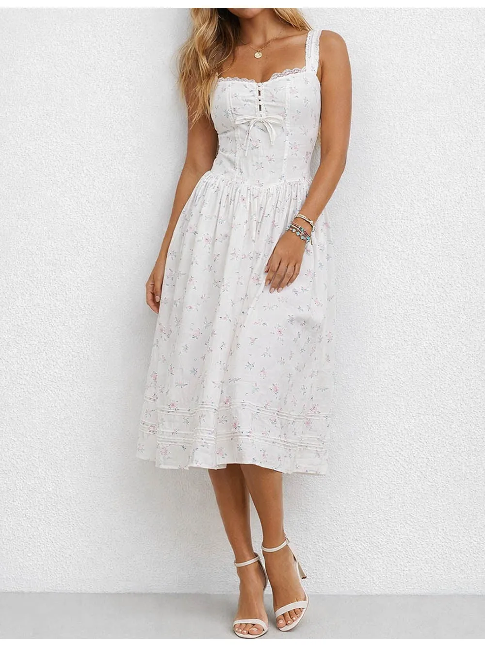 Square Neck Sleeveless Lace Trim Midi Dress