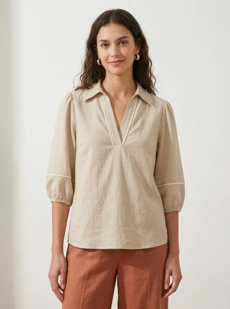 Short-Sleeve Puff-Sleeve Women's V-Neck Shirt