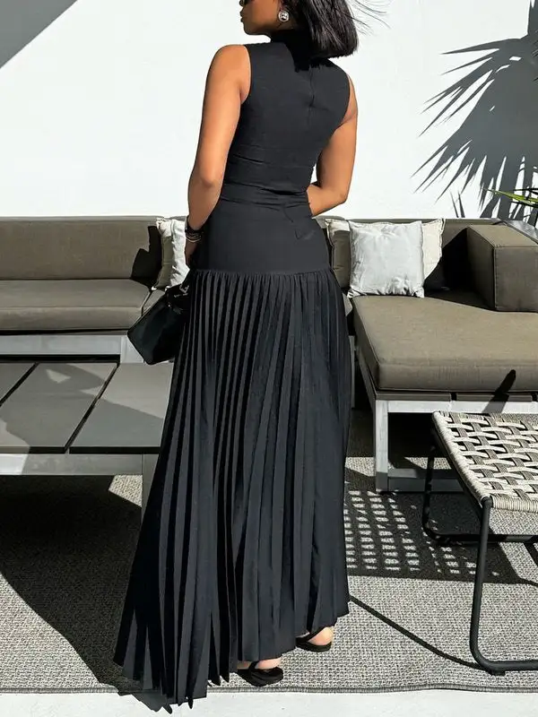 Mock Pleated Sleeveless Neck Maxi Dress