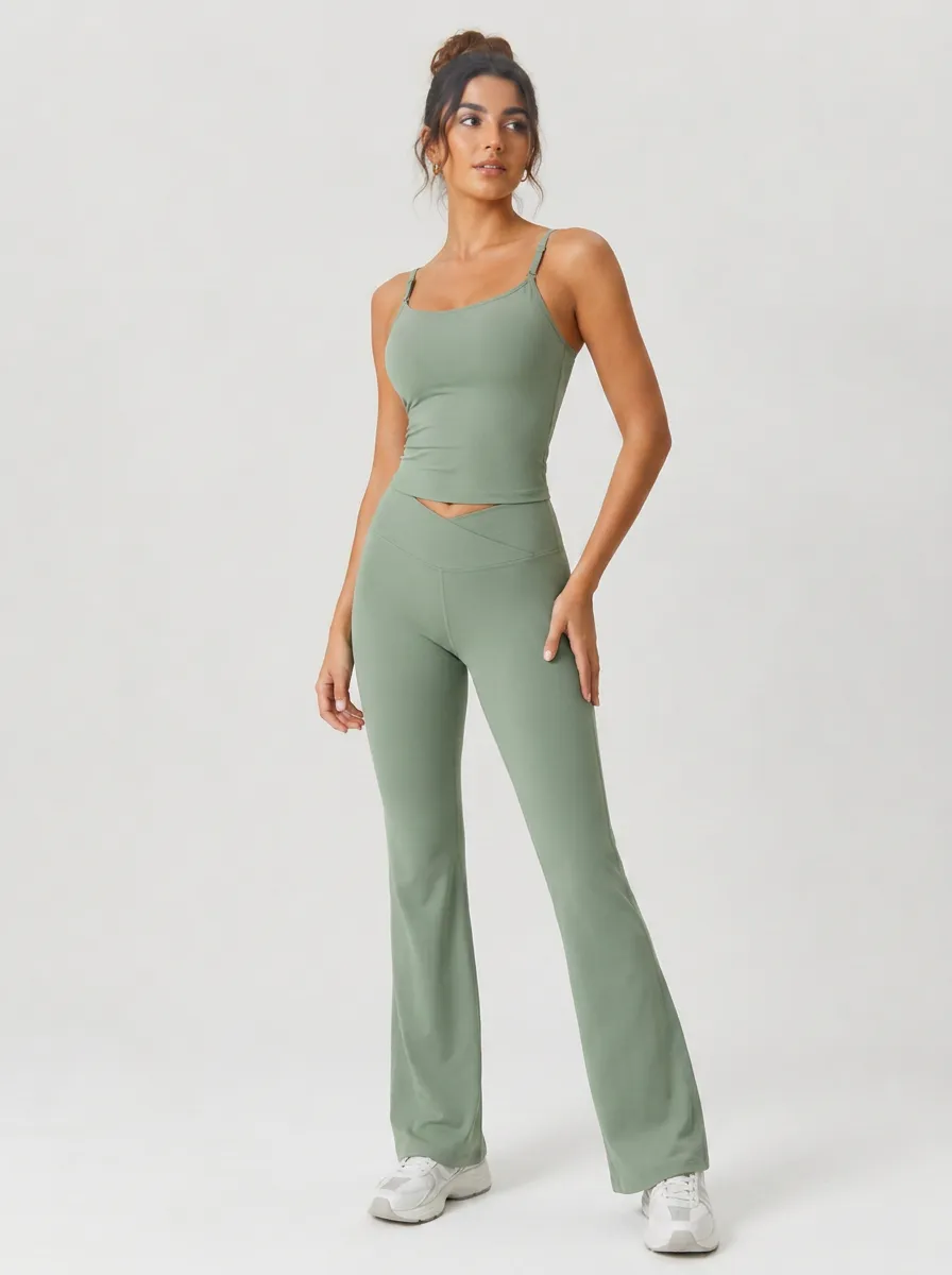 Women's Yoga Fitness Sage Green V-Waist Flare Leggings Set