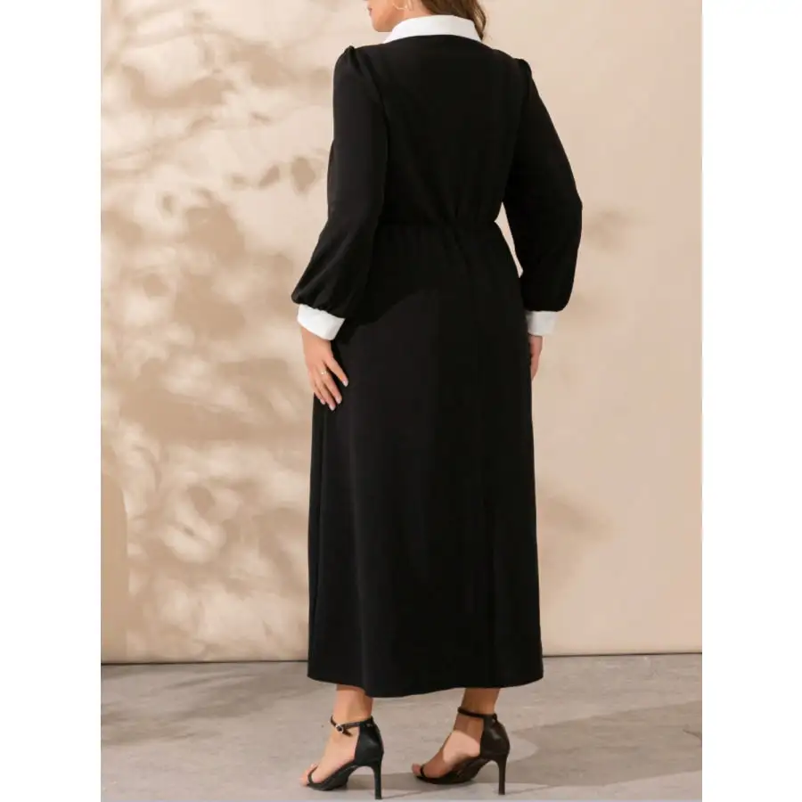 Plus Size Contrast Collared Neck Long Sleeve Midi Dress