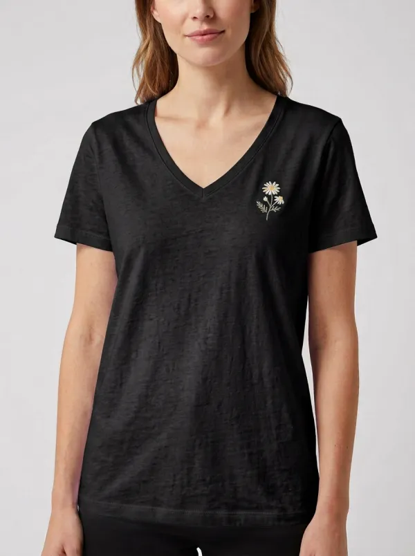 Women's Floral-Embroidered Clean-Finish V-Neck T-Shirt