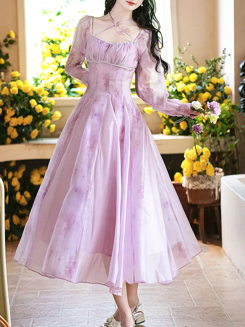 Butterfly Square Neck Long Dress