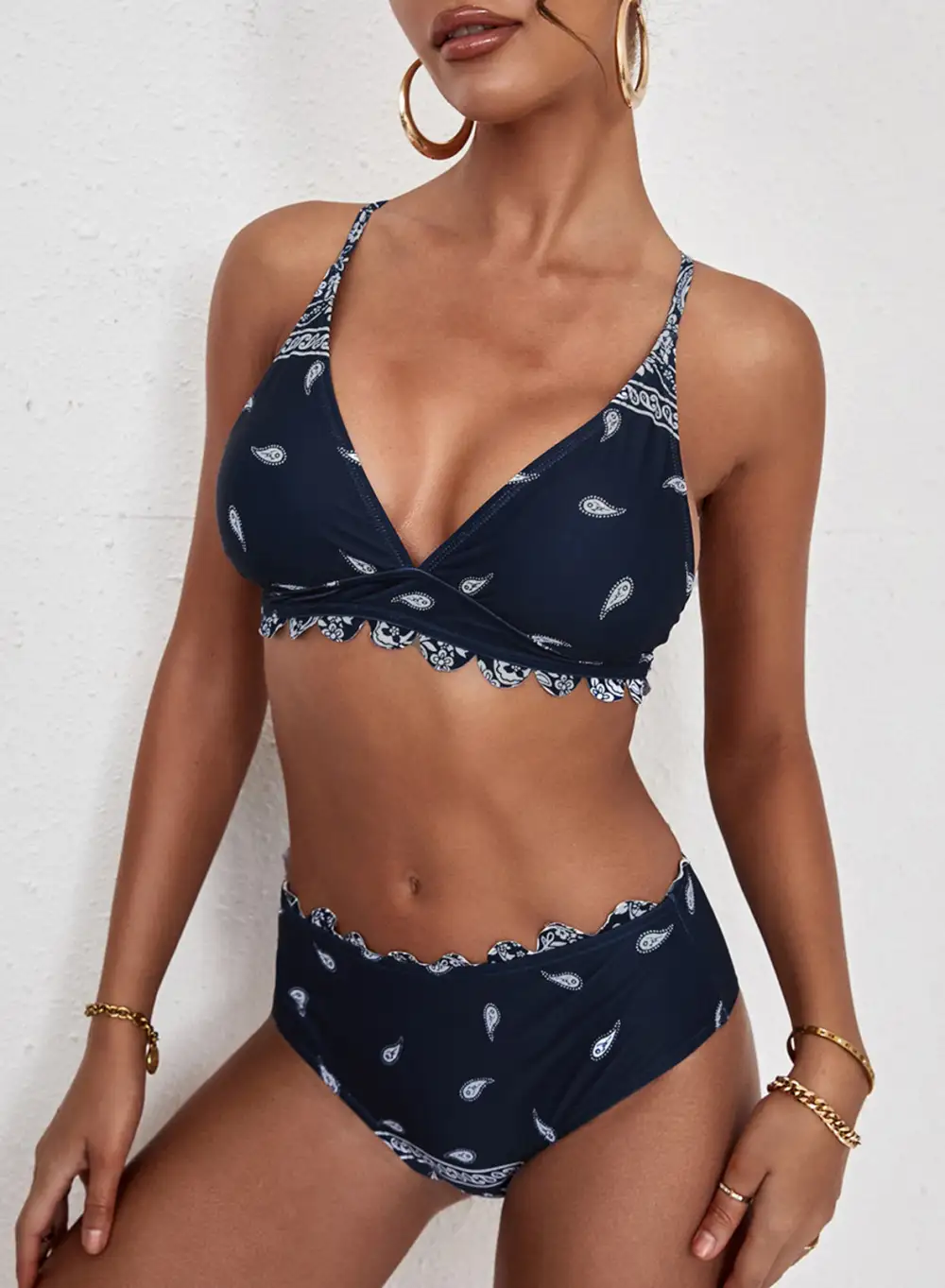 Swimwear Tribal Paisley Scalloped High Waist Bikini Set V Neck Triangle Padded Two Piece Swimsuits Bathing Suit