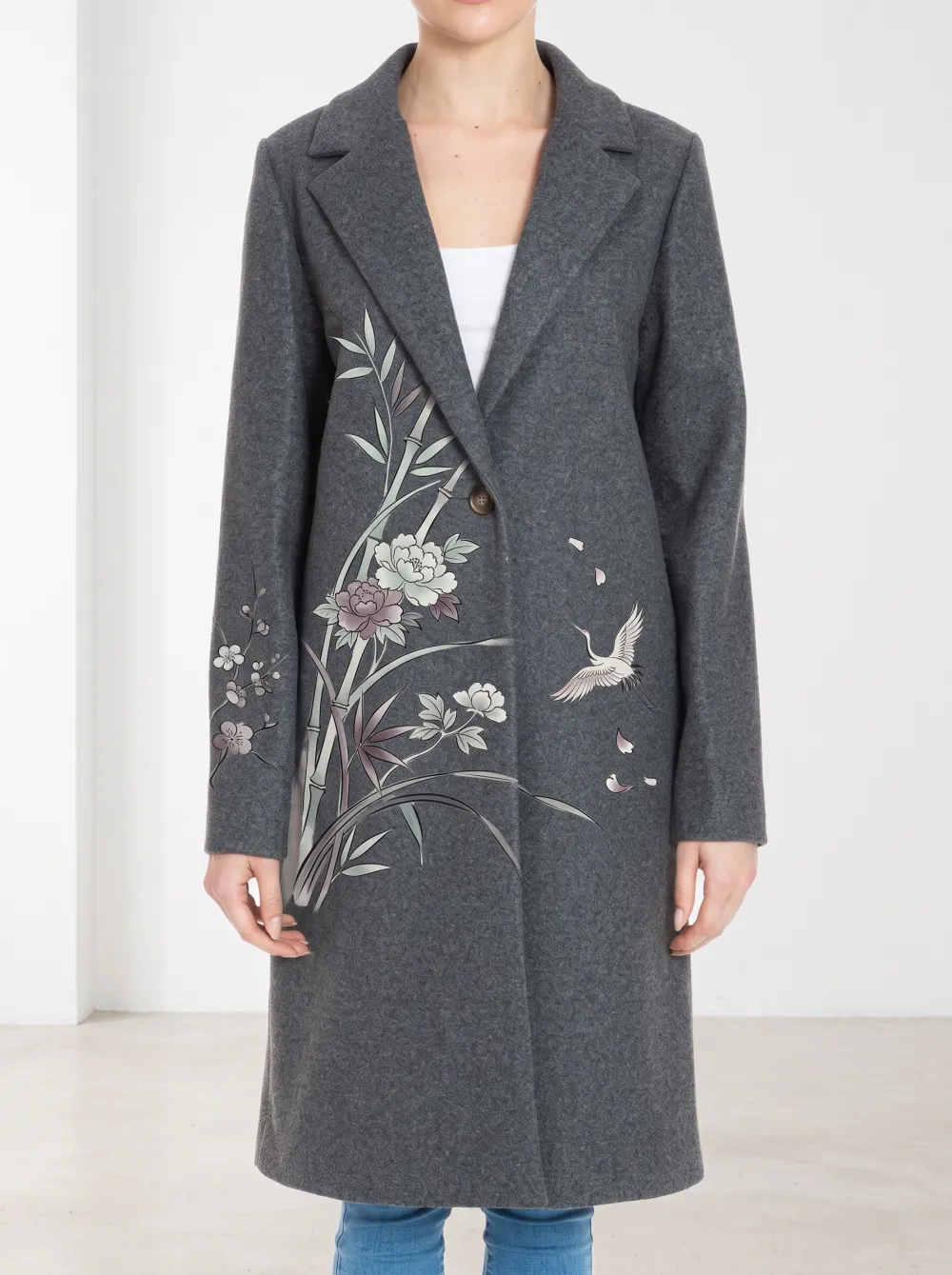 Women's Oriental Art Crane Bamboo Floral Printed Wool Coat