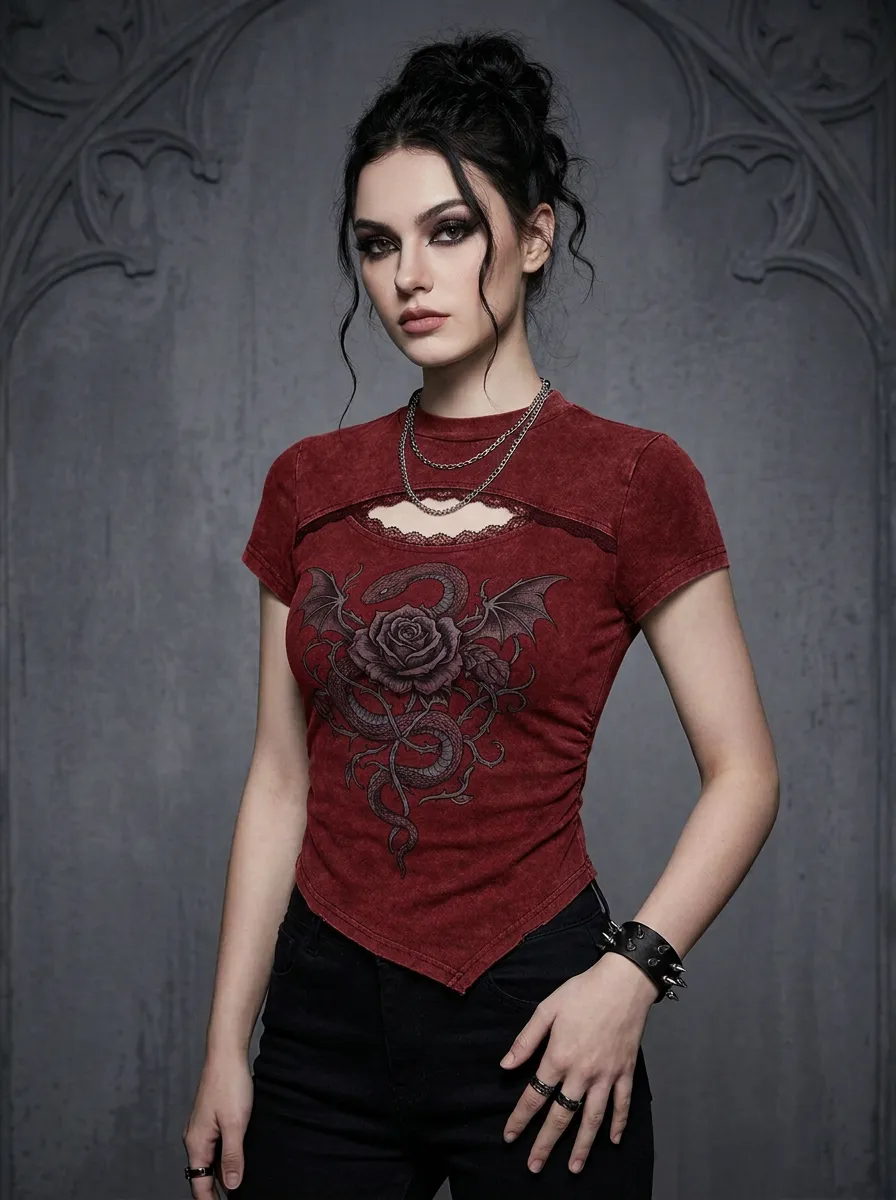 Underground Rose Snake Wing Punk Look Women's Gothic T-Shirt