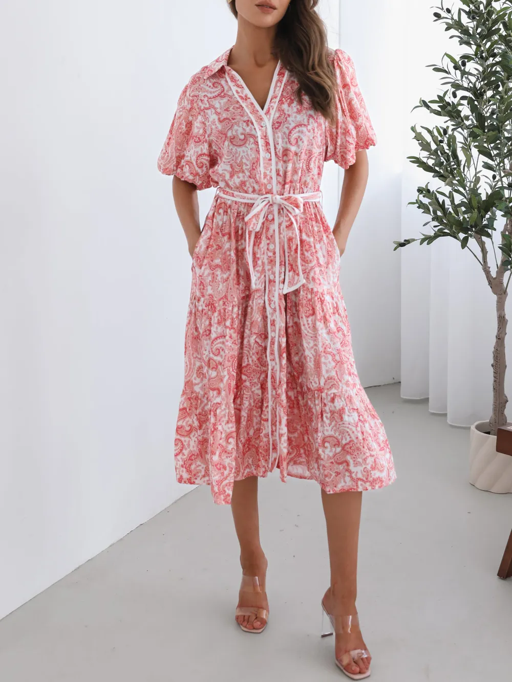 V Neckline Pink Print Reign Dress