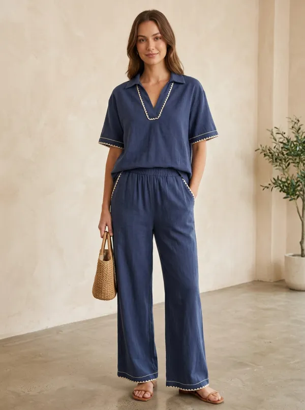 Short-Sleeve Pocket Contrast-Trim Women's V-Neck Shirt