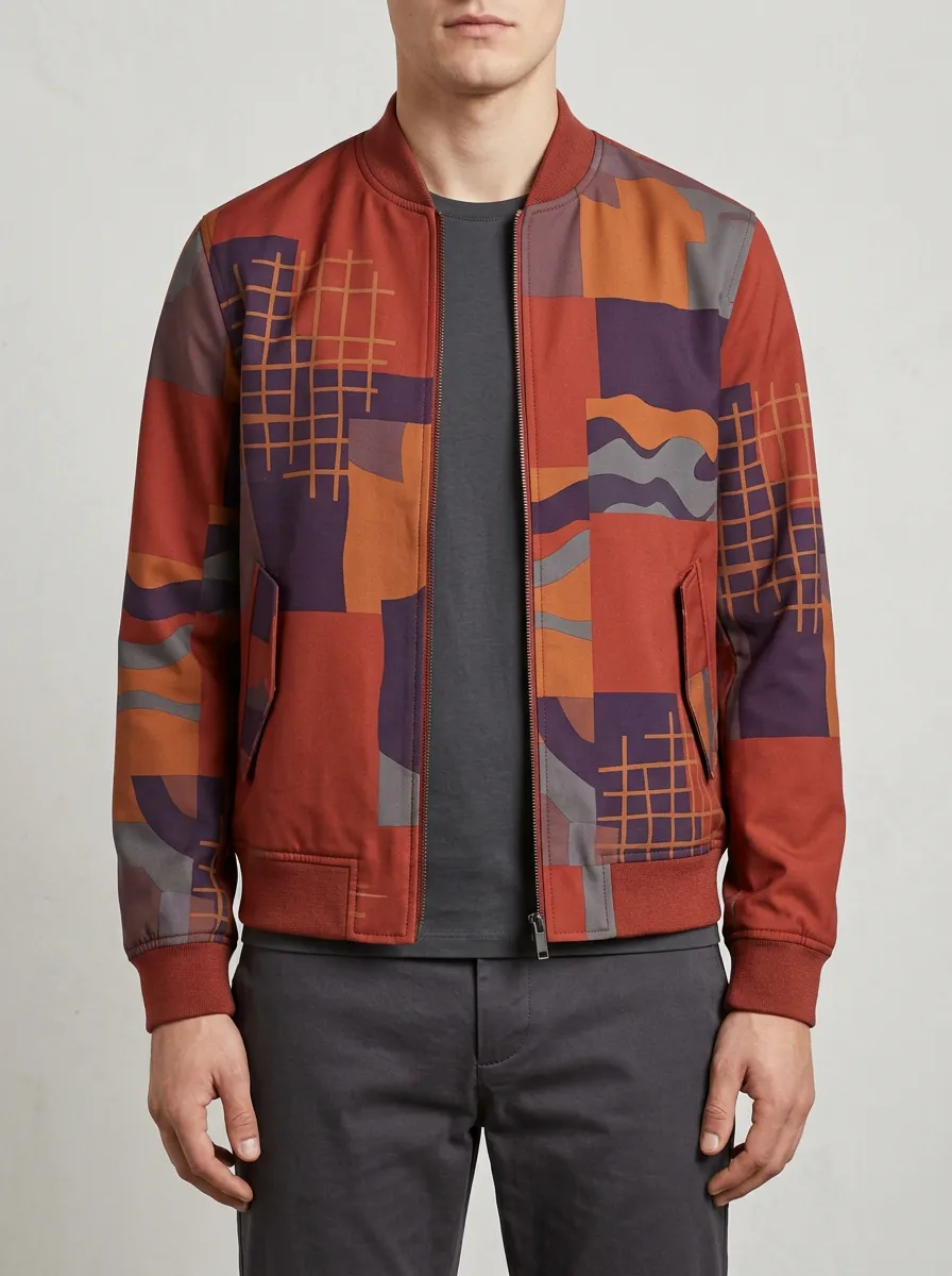 Men's Geometric Abstract Patchwork Printed Bomber Jacket