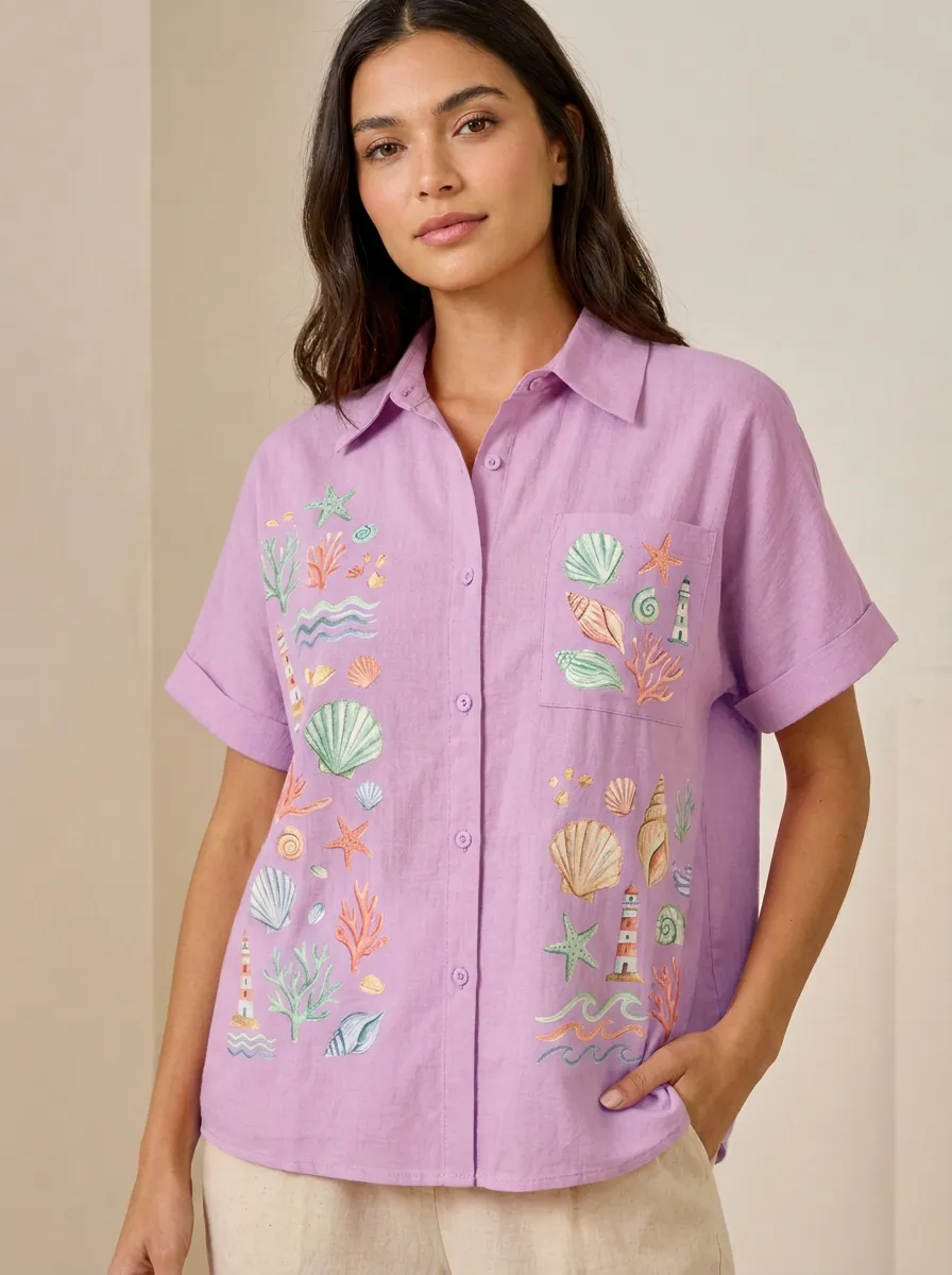 Women's Coastal Seashell Lighthouse Graphic Button-up Shirt Tank Top