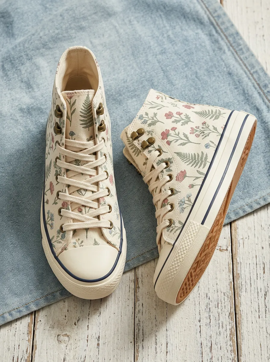 Women's Botanical Fern and Wildflower Printed Canvas High Top Shoes