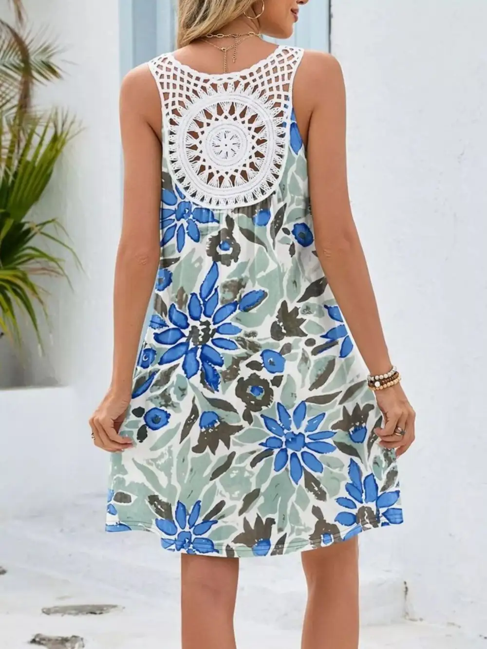 Floral Printed Crochet Mini Dress