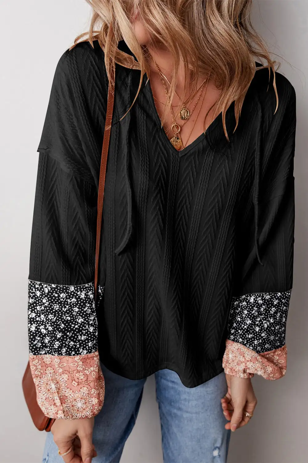 Women's Floral Print Patchwork Textured Top