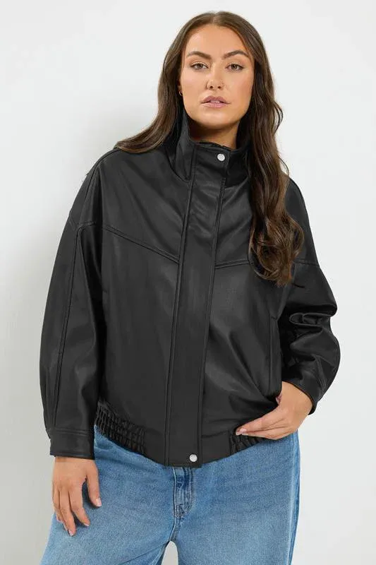 Black Faux Leather Funnel Neck Jacket