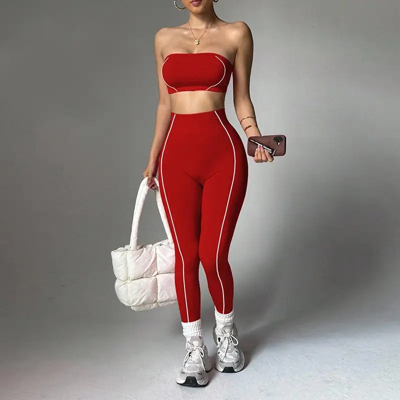 Strapless Bandeau Crop Top and High-Waisted Leggings Activewear Set