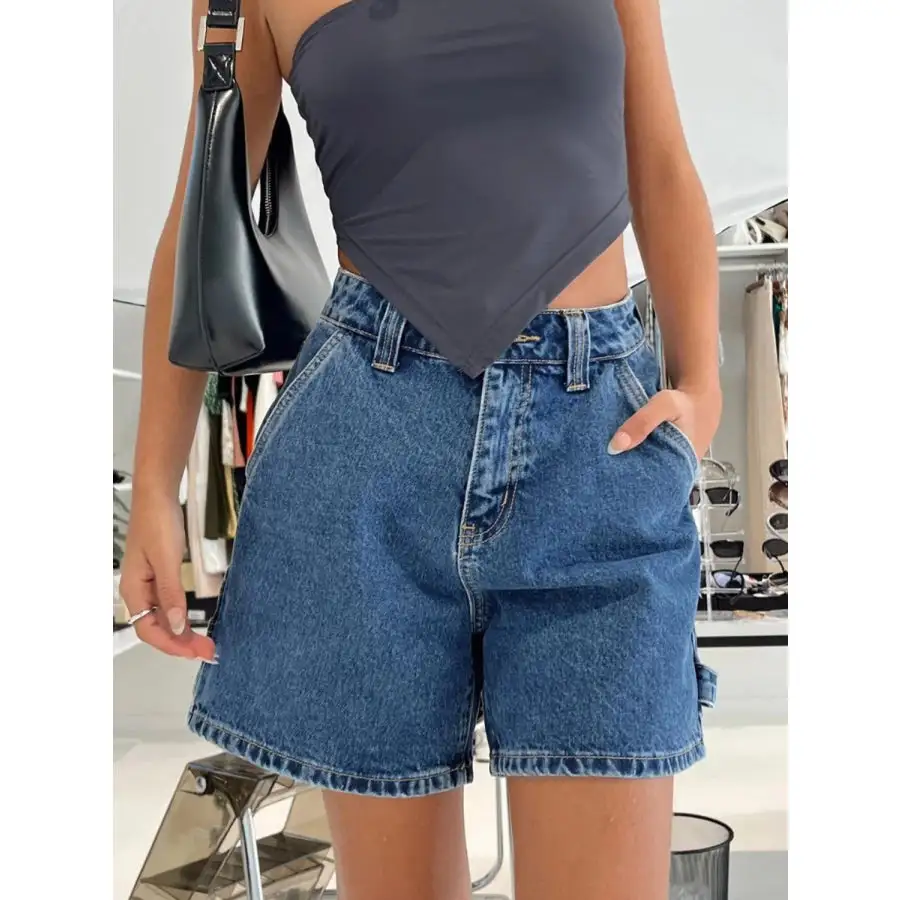 High Rise Pocketed Washed Denim Shorts