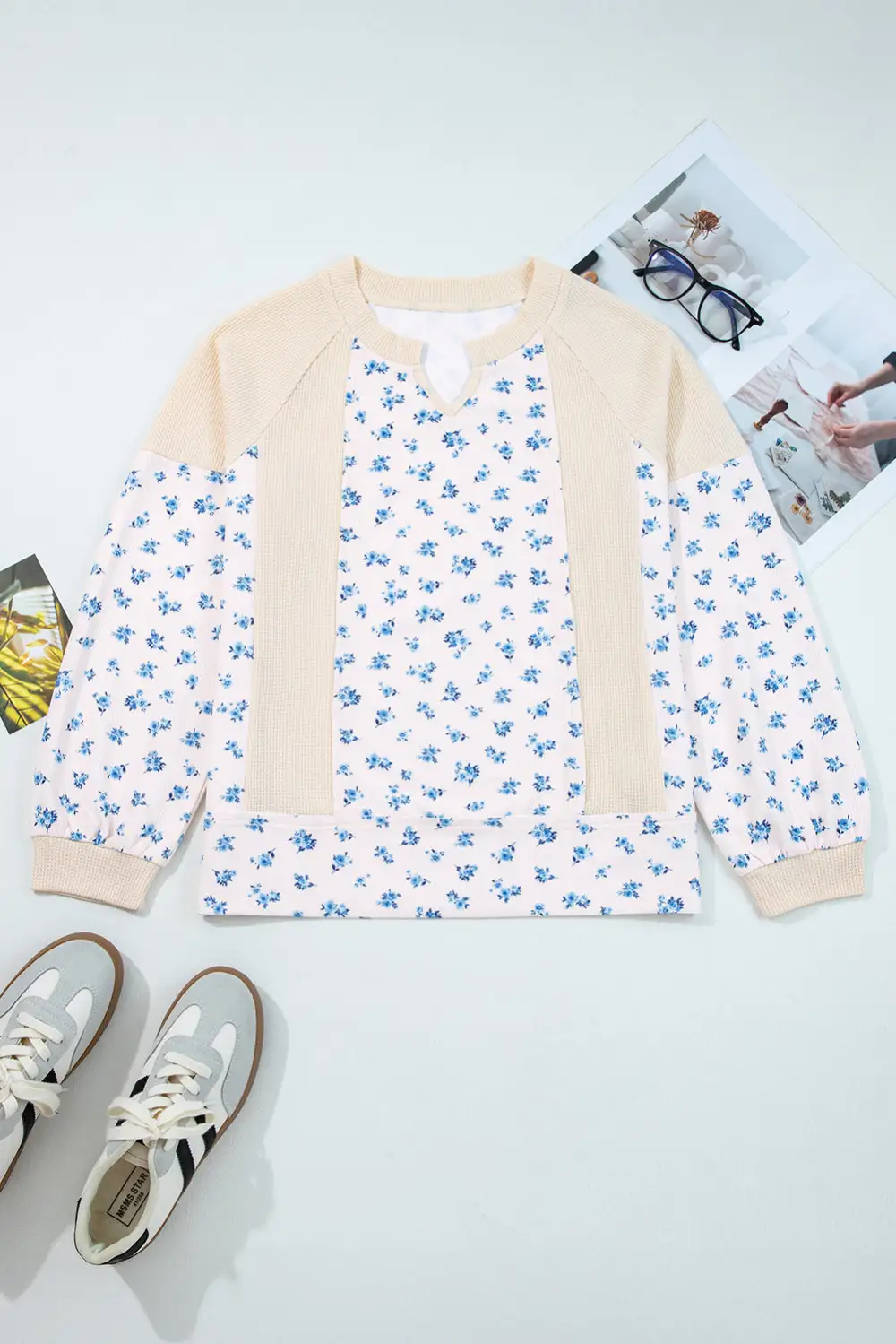 Women's Top With Floral Print And Colorblock And Waffle Knit