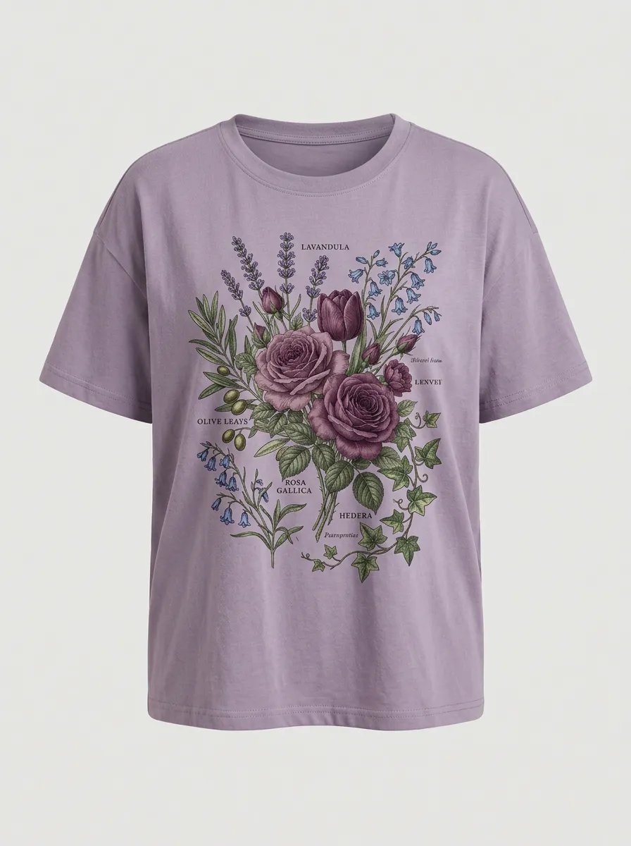 Women's Botanical Garden Rose Lavender Printed T-shirt