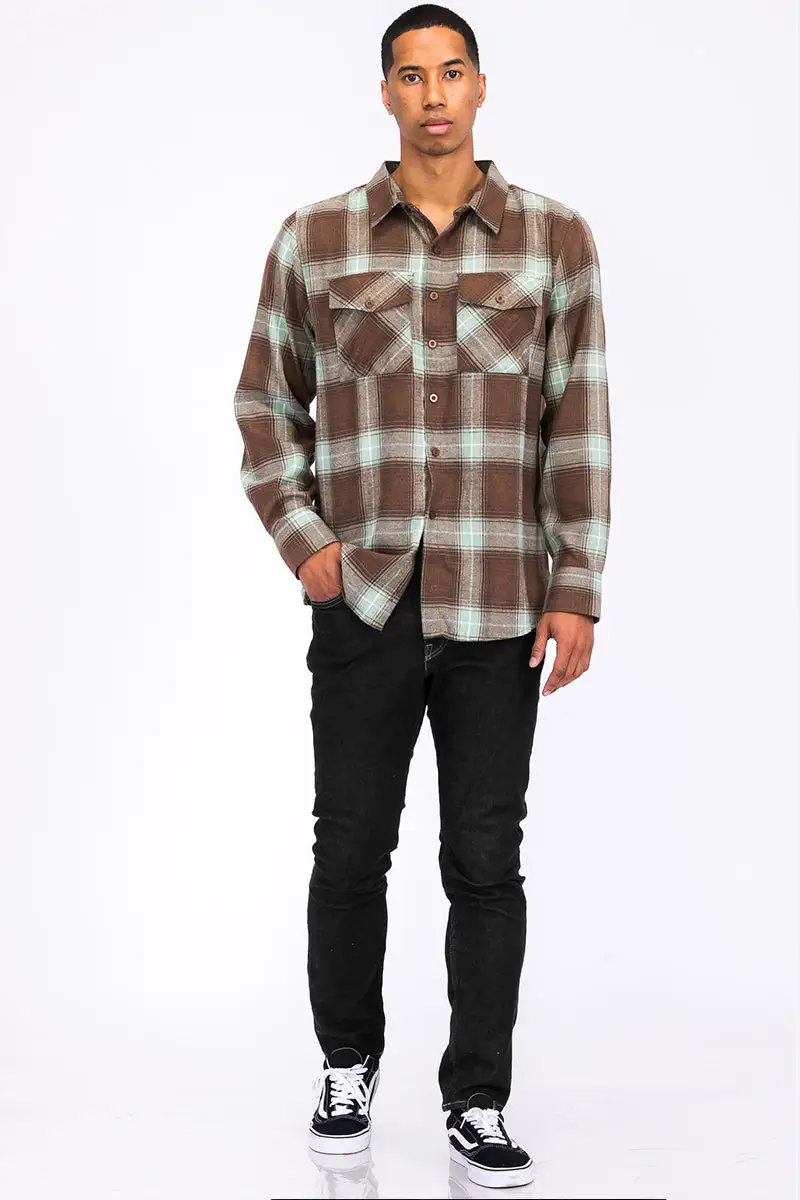 Brown Green Brushed Flannel Shirt