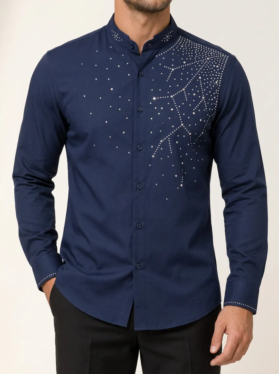 Navy Mandarin Collar Shirt with Geometric Sparkle