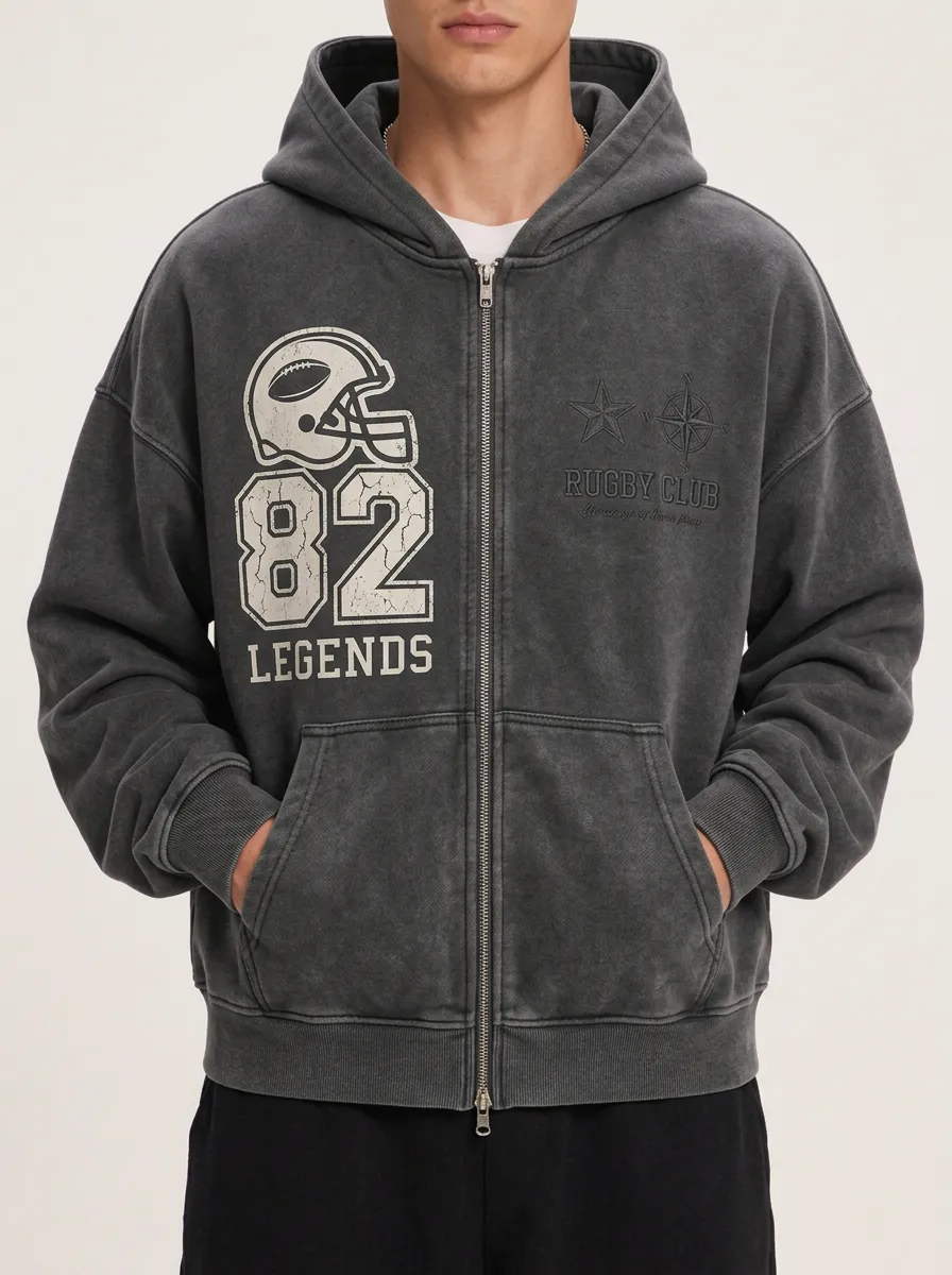Men's Rugby Club 82 Legends Helmet Graphic Printed Zip-up Hoodie