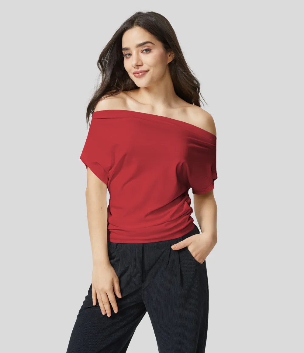 Off Shoulder Short Sleeve Ruched Casual Cotton Top